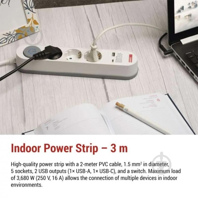 Удлинитель Emos 16 A 3680 Вт 1хUSB-A 1хUSB-C с заземлением 5 гн. белый 3 м P1523FC - фото 2 Удлинитель Emos 16 A 3680 Вт 1хUSB-A 1хUSB-C с заземлением 5 гн. белый 3 м P1523FC - фото 2