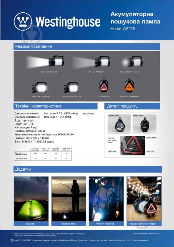 Ліхтар пошуково-кемпінговий Westinghouse WF225-CB 10W LED з функцією Power Bank 1000 Lm чорний із синім WF225-CB - фото 11