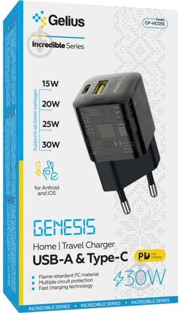 Зарядний пристрій Gelius Incredible Series Genesis 30W Gan GP-HC055 (USB + Type-C) Transparent Black - фото 5