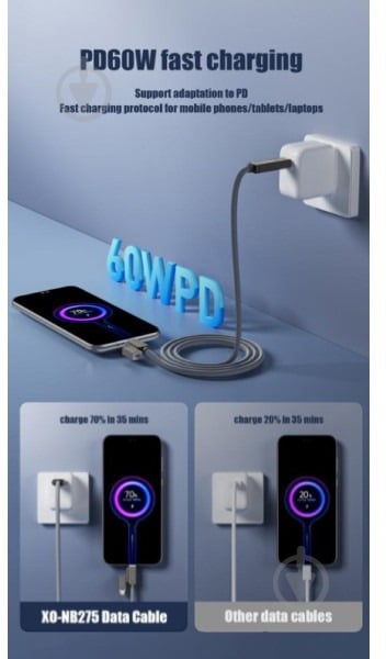 Кабель Xo NB275 Zinc Alloy Silicone Type-C/USB-A to TYPE-C/Lightning - 4-in-1 — 60W 1 м сірий (NB275_4-in-1_Gray) - фото 4