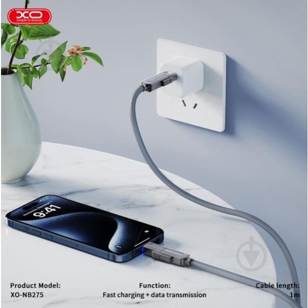 Кабель Xo NB275 Zinc Alloy Silicone Type-C/USB-A to TYPE-C/Lightning - 4-in-1 — 60W 1 м сірий (NB275_4-in-1_Gray) - фото 16