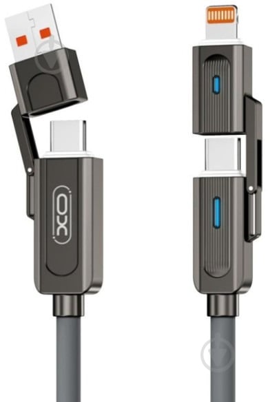 Кабель Xo NB275 Zinc Alloy Silicone Type-C/USB-A to TYPE-C/Lightning - 4-in-1 — 60W 1 м сірий (NB275_4-in-1_Gray) - фото 1