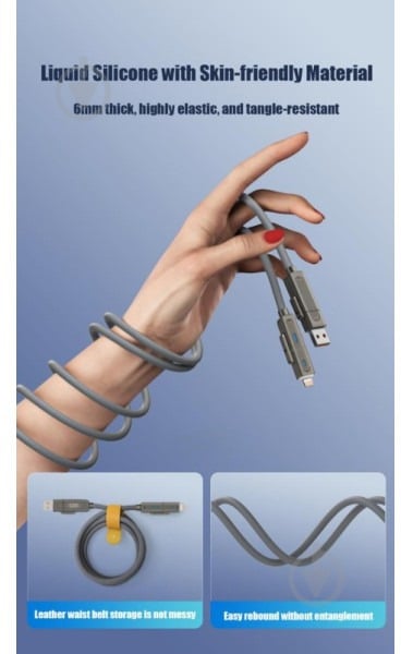 Кабель Xo NB275 Zinc Alloy Silicone Type-C/USB-A to TYPE-C/Lightning - 4-in-1 — 60W 1 м сірий (NB275_4-in-1_Gray) - фото 7