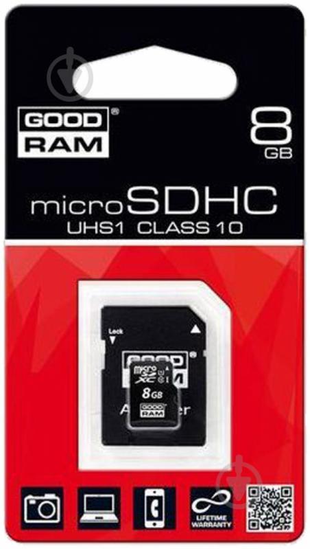 Карта памяти Goodram microSDHC 8GB Class 10 UHS I + adapter (SDU8GHCUHS1AGRR10) - фото 2