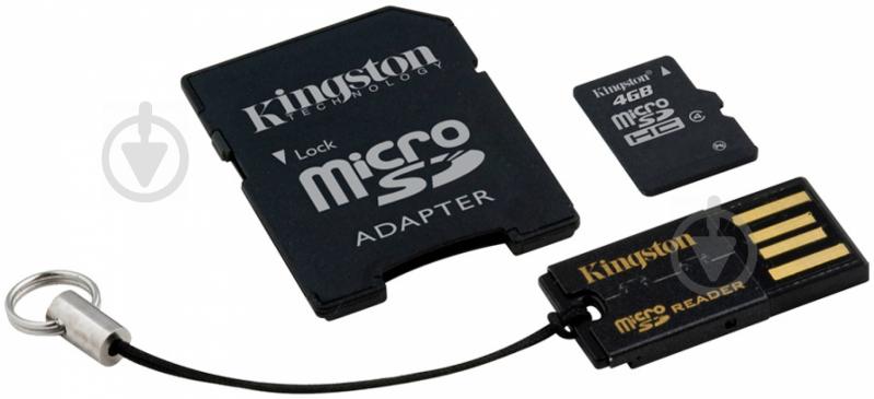 Карта пам'яті Kingston microSDHC 4GB Class 4 +SD adapter +USB кардрідер (MBLY4G2/4GB) - фото 1