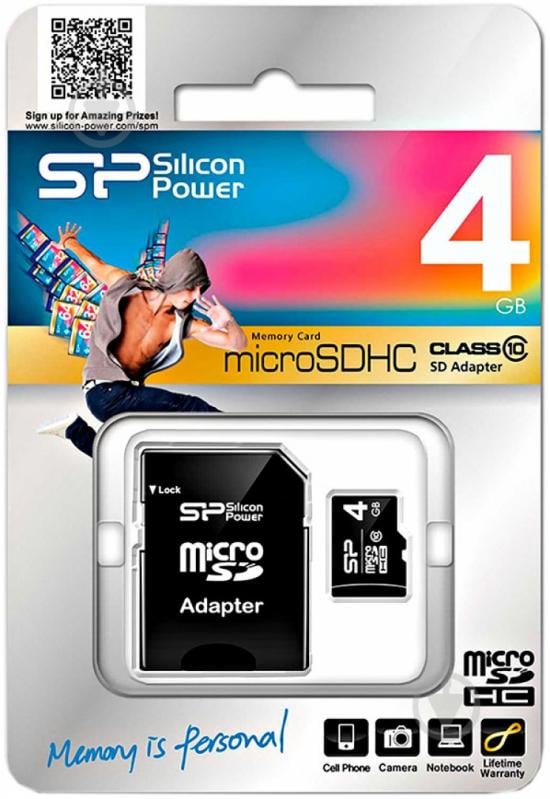 Карта пам'яті Silicon Power microSDHC 4GB card Class 10 + adapter (SP004GBSTH010V10SP) - фото 1