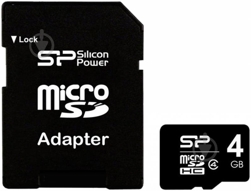 Карта пам'яті Silicon Power microSDHC 4GB card Class 4 + adapter (SP004GBSTH004V10SP) - фото 1