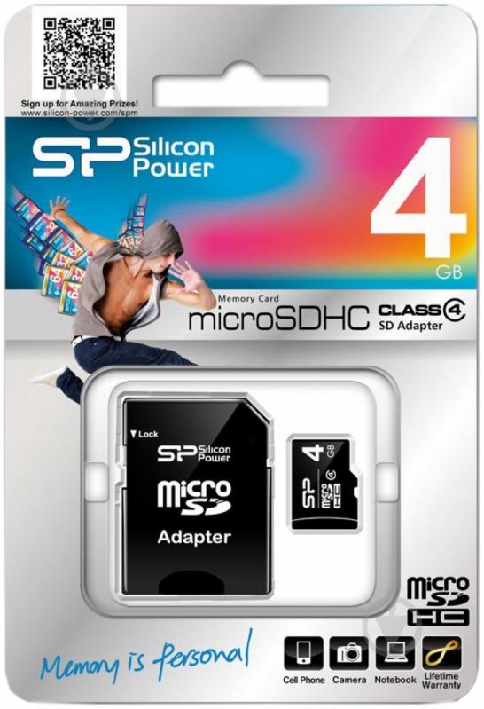 Карта пам'яті Silicon Power microSDHC 4GB card Class 4 + adapter (SP004GBSTH004V10SP) - фото 2