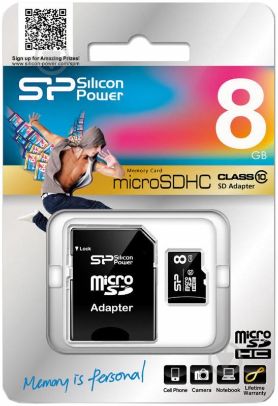 Карта памяти Silicon Power microSDHC 8GB card Class 10 + adapter (SP008GBSTH010V10SP) - фото 2