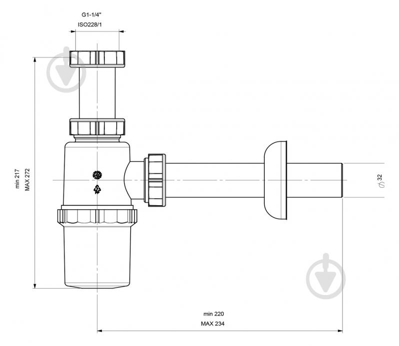Сифон для умывальника ALBA без выпуска 1-1/4", трубка d32 - фото 3