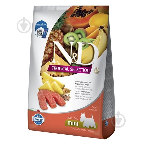 Корм сухой низкозерновой Farmina N&D TROPICAL SELECTION для взрослых собак мелких пород с лососем и тропическими фруктами 5 кг - фото 1 Корм сухой низкозерновой Farmina N&D TROPICAL SELECTION для взрослых собак мелких пород с лососем и тропическими фруктами 5 кг - фото 1