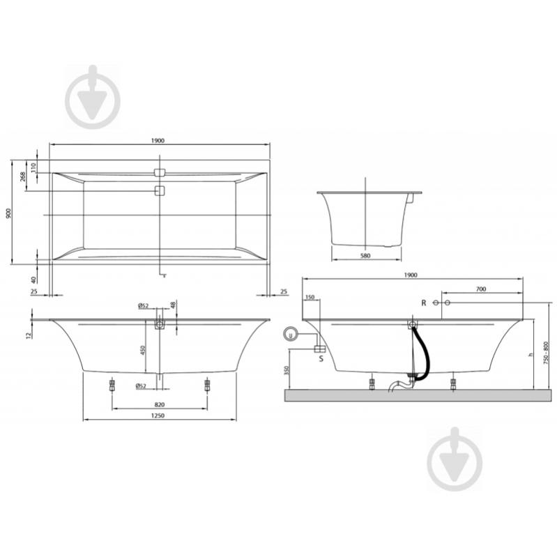 Ванна кварилова Villeroy & Boch білий alpin Squaro Edge 12 190х90 см - фото 2