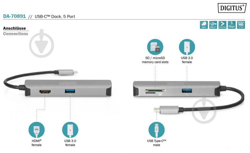 Док-станция Digitus USB-C 5-port Travel Dock (DA-70891) - фото 8