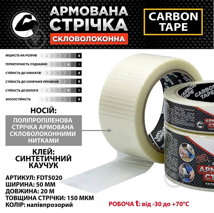 Армована стрічка CARBON TAPE скловолоконна 50 мм 20 м прозорий - фото 3