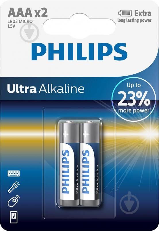 Батарейка Philips Ultra Alkaline AAA (R03, 286) 2 шт. (LR03E2B/10) - фото 1