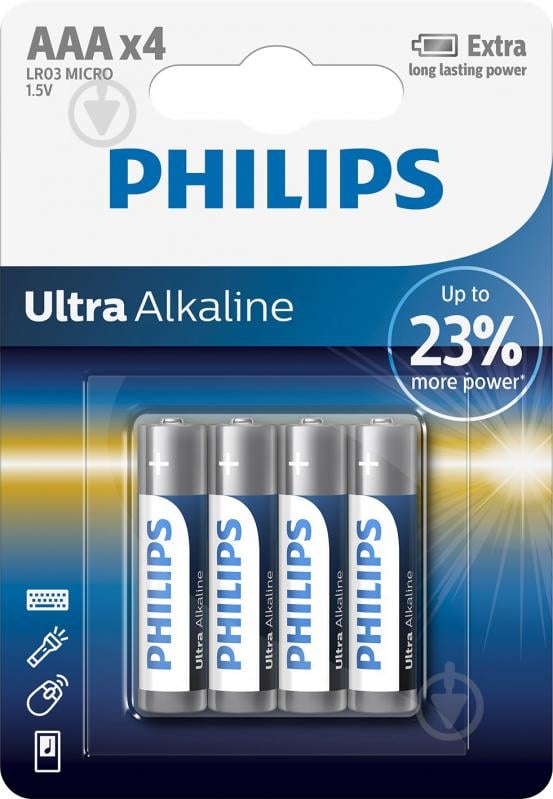 Батарейка Philips Ultra Alkaline AAA (R03, 286) 4 шт. (LR03E4B/97) - фото 1