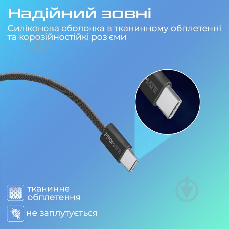 Кабель Promate USB-C to USB-C 60W Power Delivery 1,2 м black (ecoline-cc120.black) - фото 5