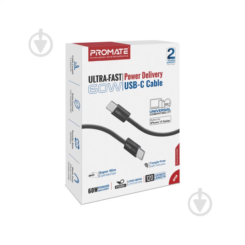 Кабель Promate USB-C to USB-C 60W Power Delivery 1,2 м black (ecoline-cc120.black) - фото 7