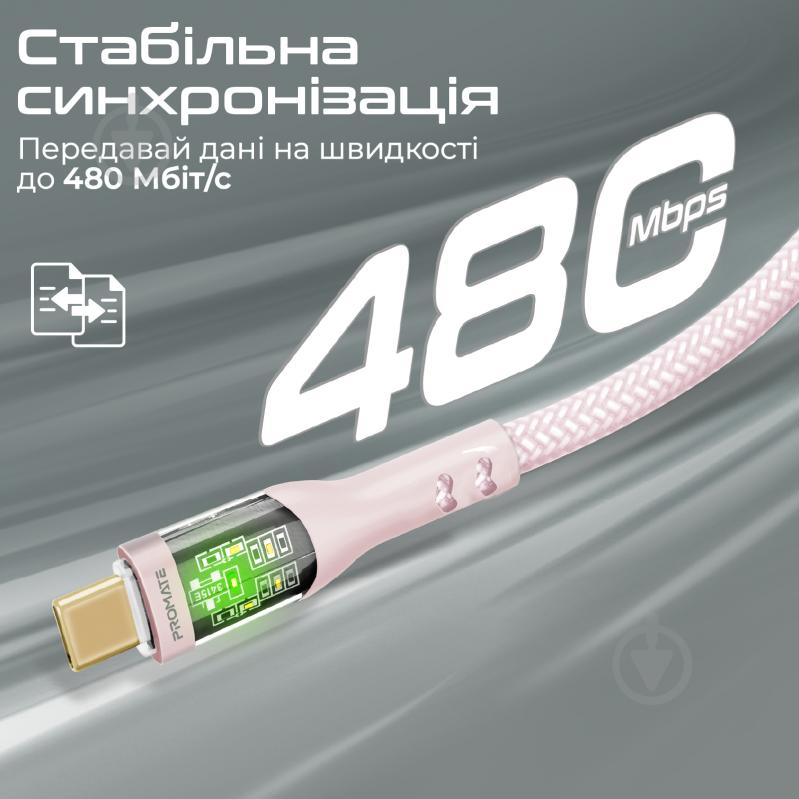 Кабель Promate TransLine-CC200 USB-C to USB-C 60W Power Delivery 2 м (transline-cc200.pink) - фото 3