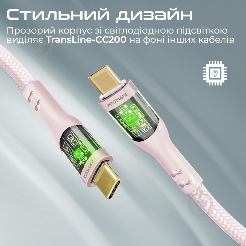 Кабель Promate TransLine-CC200 USB-C to USB-C 60W Power Delivery 2 м (transline-cc200.pink) - фото 4