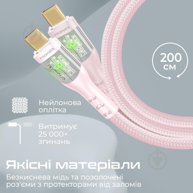 Кабель Promate TransLine-CC200 USB-C to USB-C 60W Power Delivery 2 м (transline-cc200.pink) - фото 6