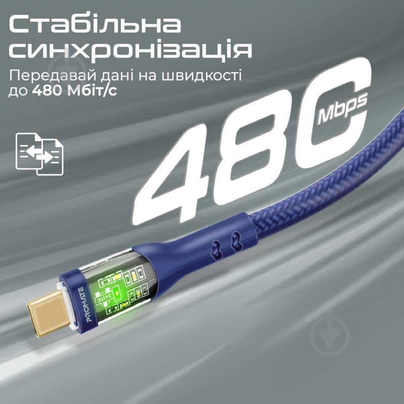 Кабель Promate TransLine-CC200 USB-C to USB-C 60W Power Delivery 2 м синій (transline-cc200.navy) - фото 3