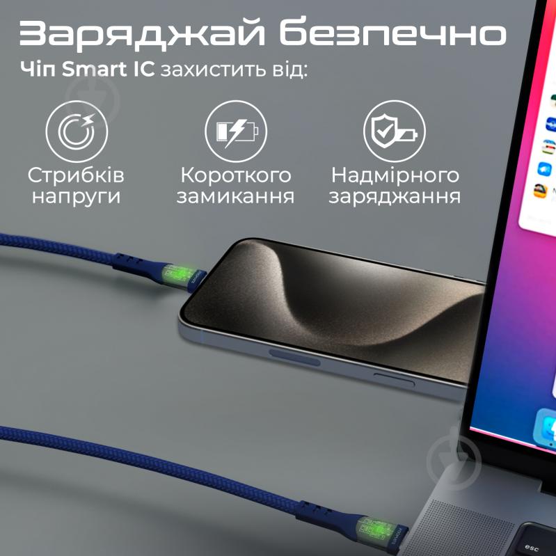 Кабель Promate TransLine-CC200 USB-C to USB-C 60W Power Delivery 2 м синій (transline-cc200.navy) - фото 5