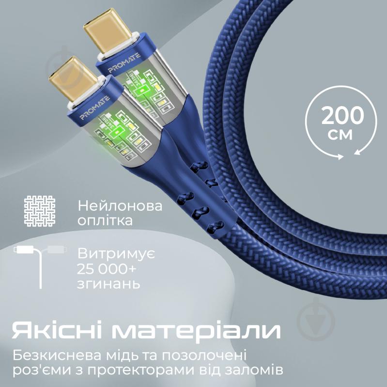 Кабель Promate TransLine-CC200 USB-C to USB-C 60W Power Delivery 2 м синій (transline-cc200.navy) - фото 6