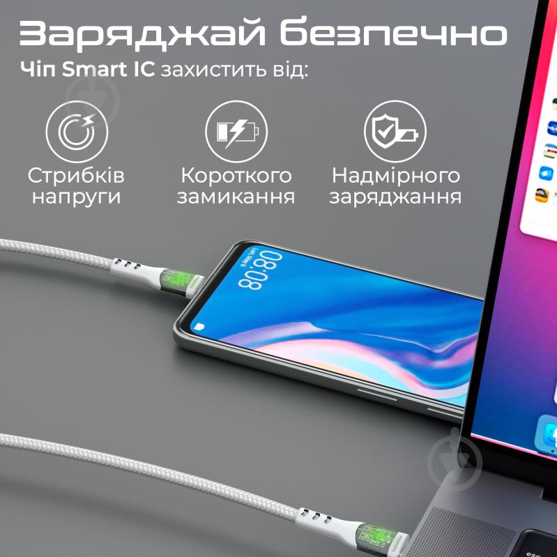 Кабель Promate TransLine-CC200 USB-C to USB-C 60W Power Delivery 2 м white (transline-cc200.white) - фото 5