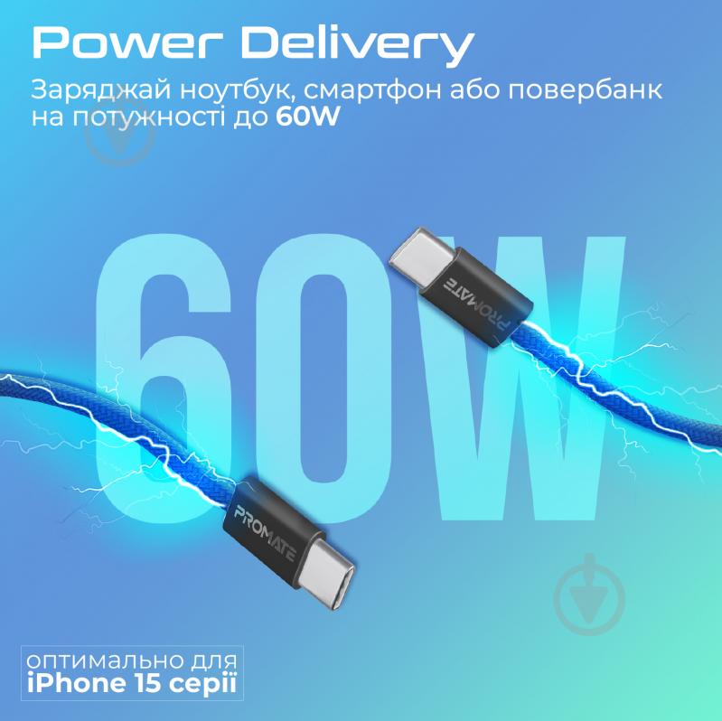 Кабель Promate EcoLine-CC200 USB-C to USB-C 60W Power Delivery 2 м синий (ecoline-cc200.navy) - фото 2