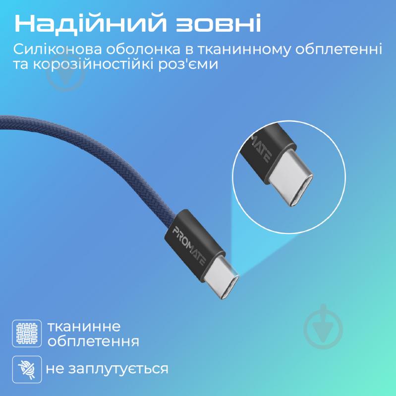 Кабель Promate EcoLine-CC200 USB-C to USB-C 60W Power Delivery 2 м синий (ecoline-cc200.navy) - фото 5