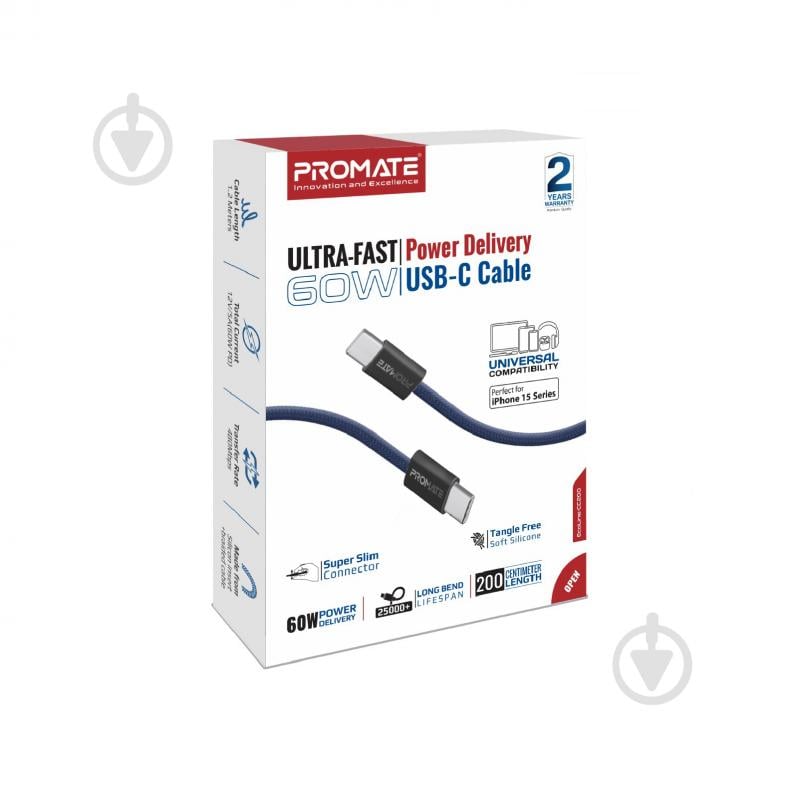 Кабель Promate EcoLine-CC200 USB-C to USB-C 60W Power Delivery 2 м синий (ecoline-cc200.navy) - фото 7