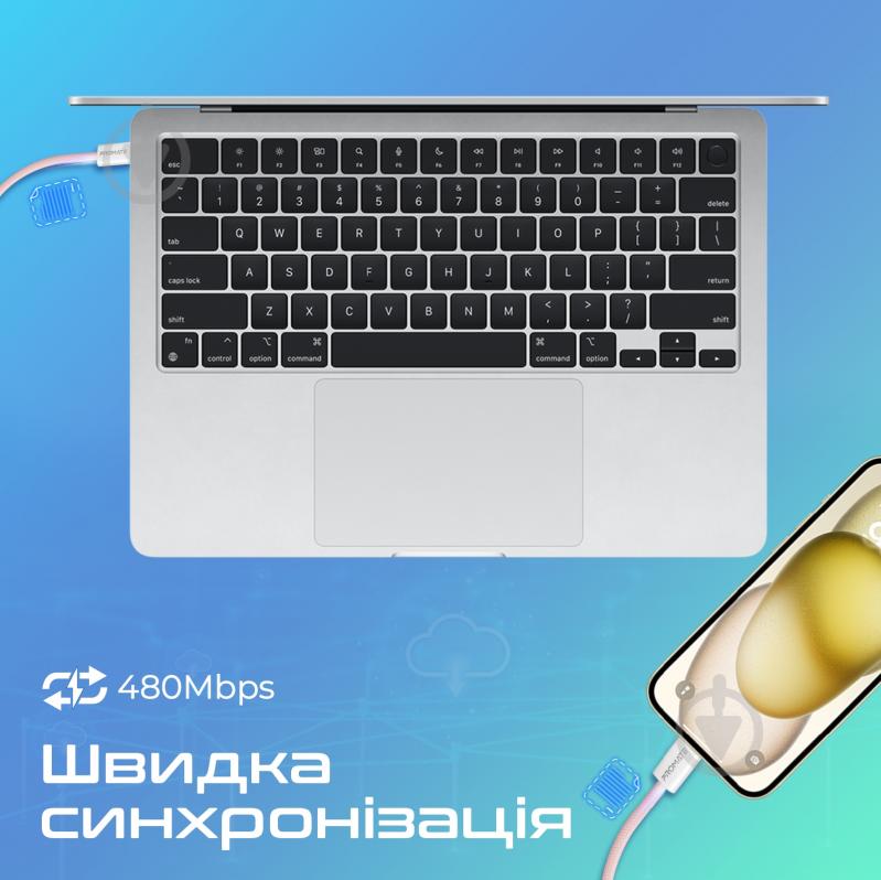 Кабель Promate EcoLine-CC200 USB-C to USB-C 60W Power Delivery 2 м рожевий (ecoline-cc200.pink) - фото 3