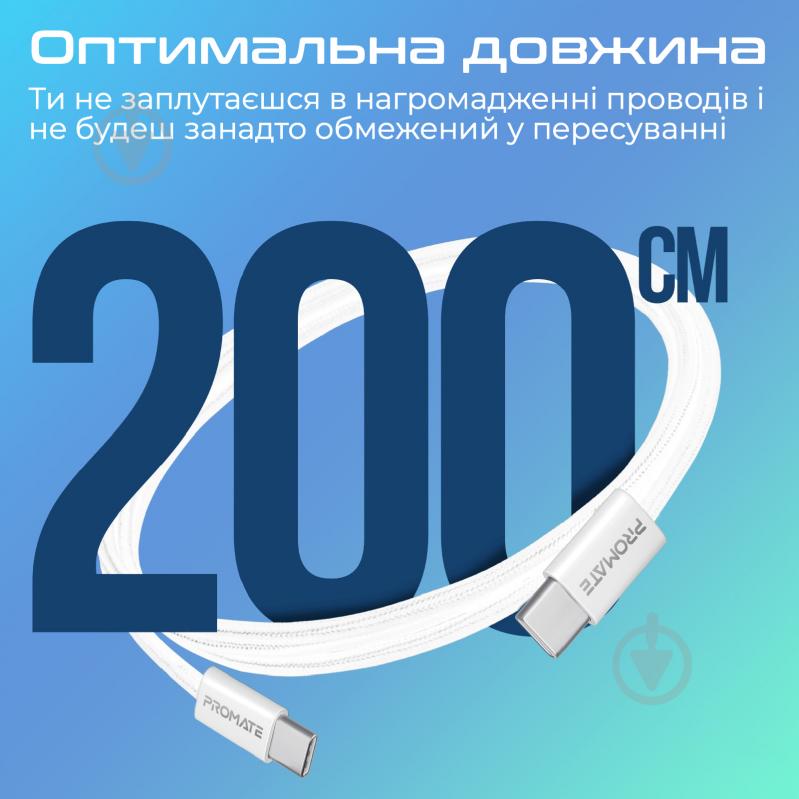 Кабель Promate EcoLine-CC200 USB-C to USB-C 60W Power Delivery 2 м white (ecoline-cc200.white) - фото 6