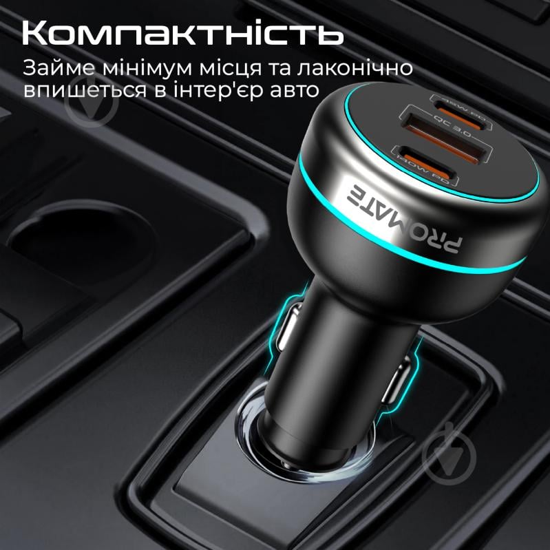 Автомобільний зарядний пристрій Promate PowerDrive-230 2xUSB-C PD, USB-A QC 3.0 Black (powerdrive-230) - фото 6