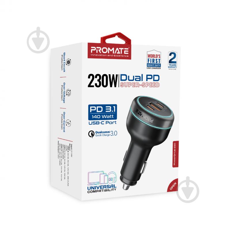 Автомобільний зарядний пристрій Promate PowerDrive-230 2xUSB-C PD, USB-A QC 3.0 Black (powerdrive-230) - фото 9