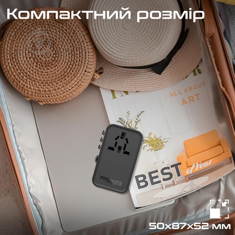 Переходник Promate TripMate-GaN70r EU/US/UK/AU на EU/US/UK/AU, USB-С порт, USB-С коннектор, USB-A QC 3.0 порт, 70W black (tripmate-gan70r) - фото 10