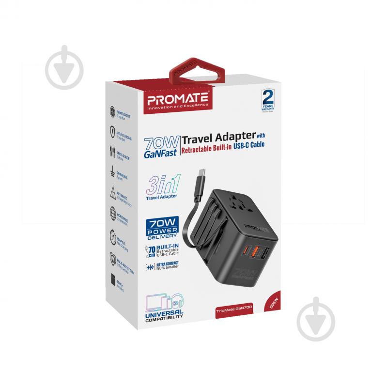 Переходник Promate TripMate-GaN70r EU/US/UK/AU на EU/US/UK/AU, USB-С порт, USB-С коннектор, USB-A QC 3.0 порт, 70W black (tripmate-gan70r) - фото 11