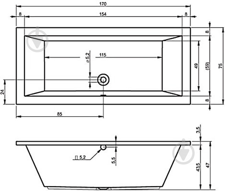 Ванна акрилова RIHO Lusso BA1800500000000 170х75 см - фото 2