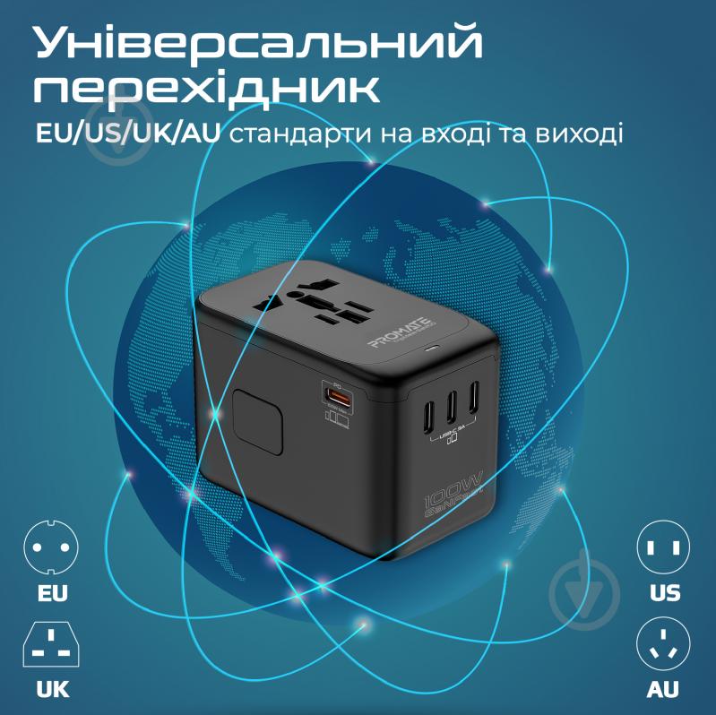 Переходник Promate TripMate-GaN100 EU/US/UK/AU на EU/US/UK/AU, 4хUSB-С, USB-A 100W total black (tripmate-gan100) - фото 2