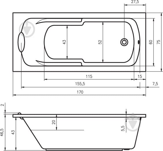 Ванна акрилова RIHO Virgo BZ0700500000000 170х75 см - фото 2