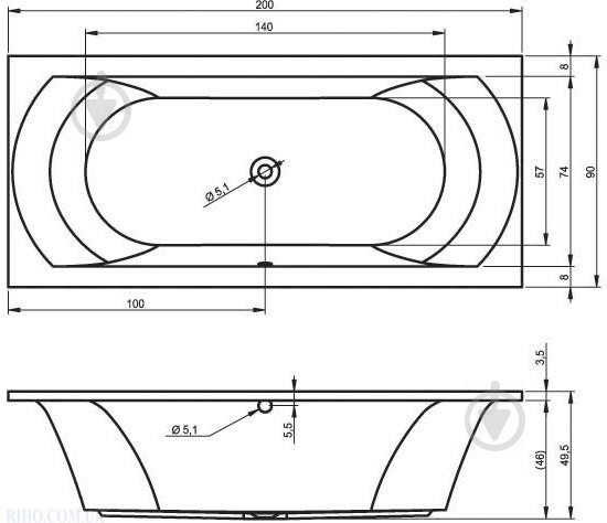 Ванна акриловая RIHO Lima BB4900500000000 200х90 см - фото 3