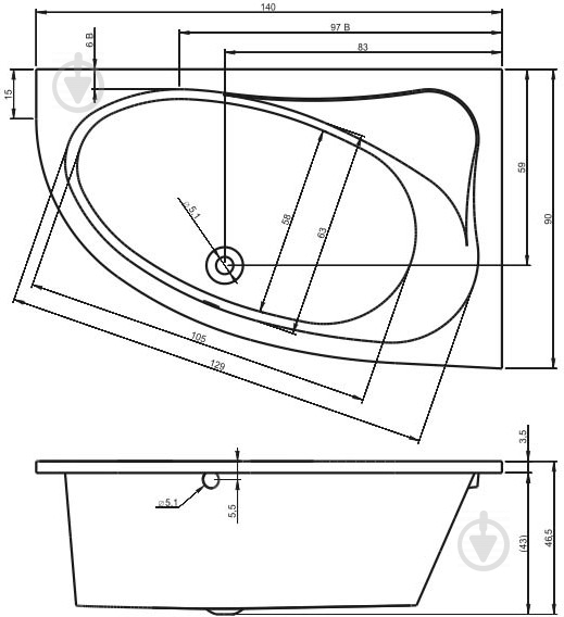 Ванна акриловая RIHO LYRA BA6600500000000 140х90 см - фото 2