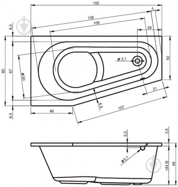 Ванна акрилова RIHO Delta BB8100500000000 150х80 см - фото 2