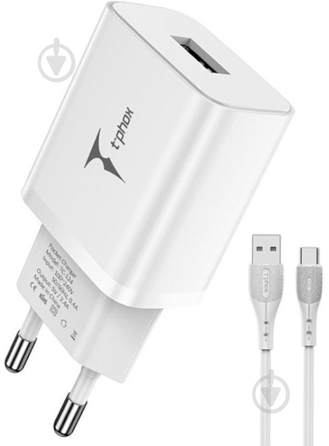 Мережевий зарядний пристрій T-PHOX TCC-124 Pocket USB + Type-C cable (Білий) - фото 1