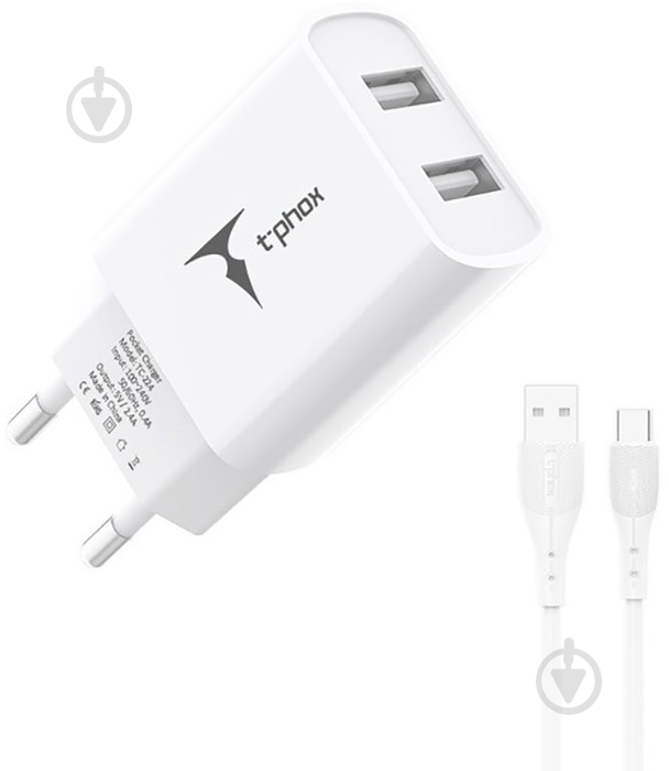 Сетевое зарядное устройство T-PHOX TCC-224 Pocket Dual USB + Type-C cable (Белый) - фото 2