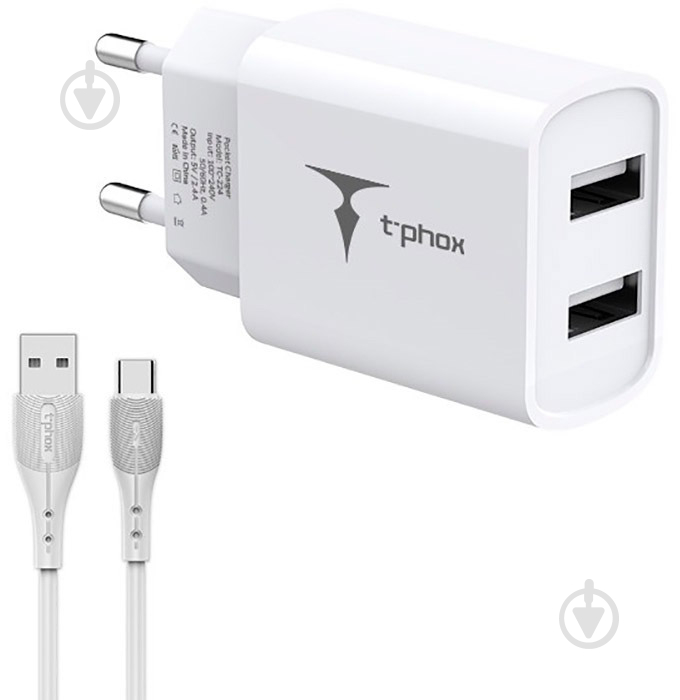 Сетевое зарядное устройство T-PHOX TCC-224 Pocket Dual USB + Type-C cable (Белый) - фото 1