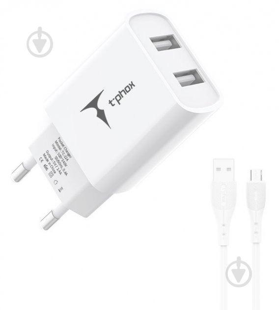 Мережевий зарядний пристрій T-PHOX TCC-224 Pocket Dual USB + MicroUSB cable (Білий) - фото 2