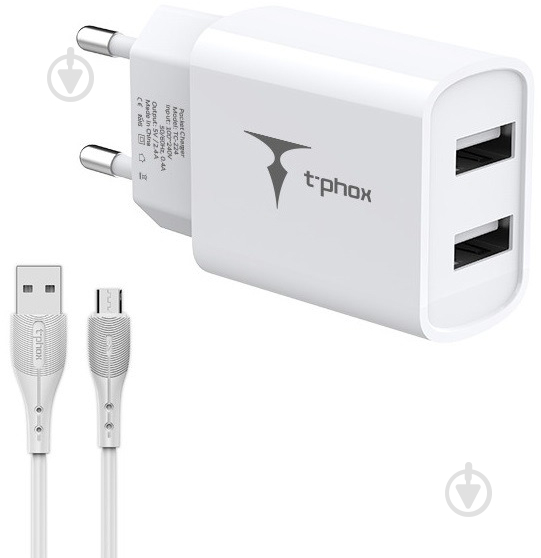 Мережевий зарядний пристрій T-PHOX TCC-224 Pocket Dual USB + MicroUSB cable (Білий) - фото 1