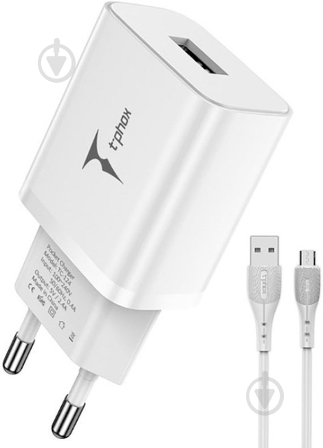 Мережевий зарядний пристрій T-PHOX TCC-124 Pocket USB + MicroUSB cable (Білий) - фото 1